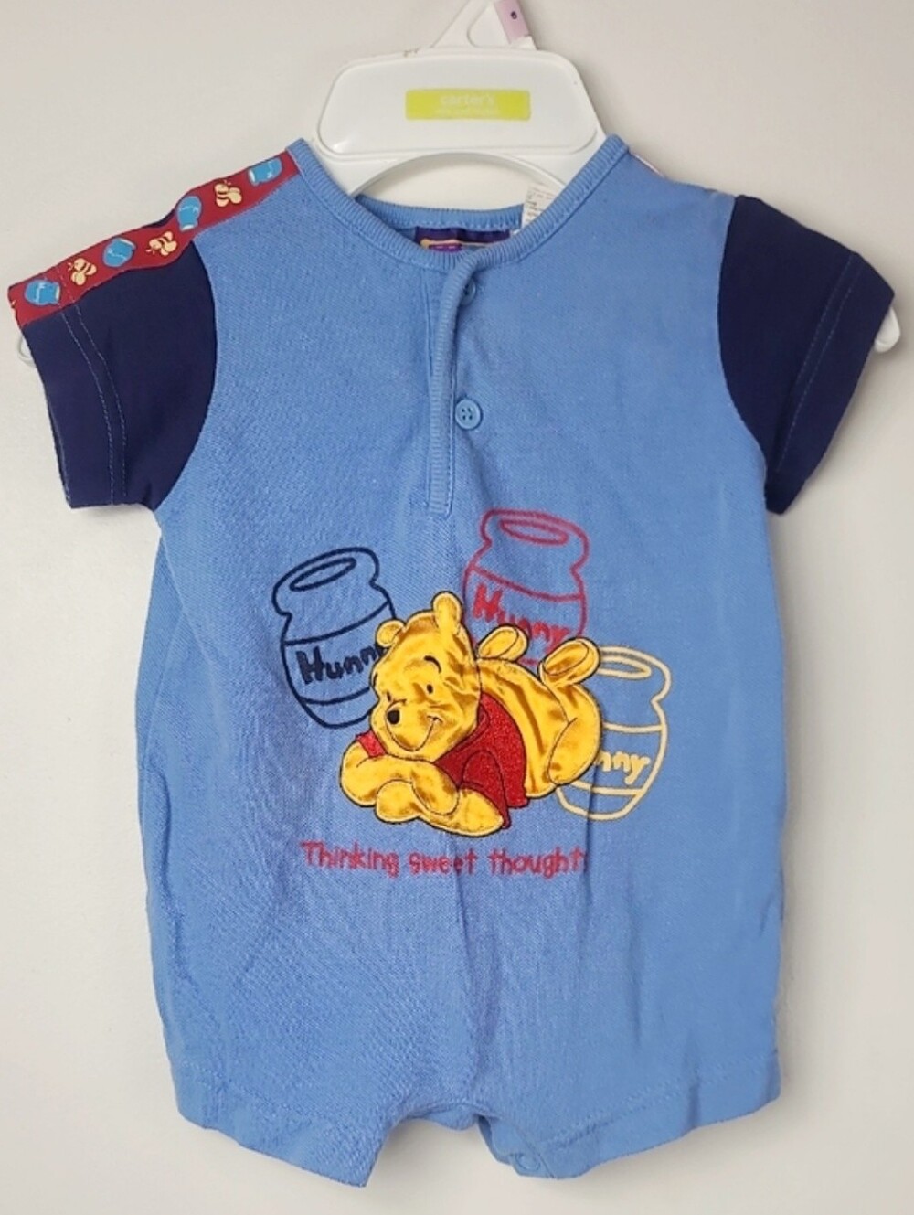 Vtg 90s Winnie the Pooh Blue Terry Cloth Applique Embroidered Shorts Romper 3-6M
